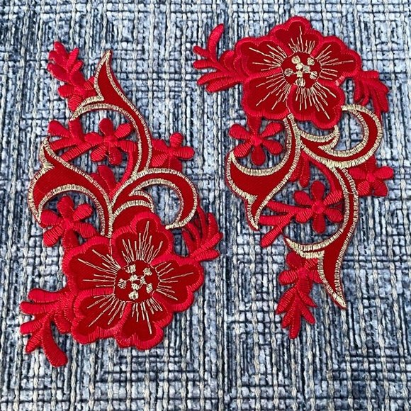 Red Iron On Paches Lot of 2 Leaf Embroidery Patches Set of 2 - Picture 5 of 8